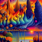 Colorful mountain landscape with fiery sunset, spherical trees, crescent sail boats, and starlit sky