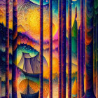 Colorful psychedelic artwork: towering pillars, swirling skies, traditional architecture, floating islands.