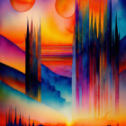 Futuristic city skyline with colorful planet reflection on water