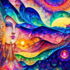 Surreal artwork: person under colorful sky with wave patterns, large fish, stars; sea and