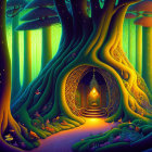 Colorful Abstract Forest with Swirls and Glowing Orb