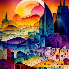 Vibrant cityscape painting with swirling sun in colorful sky