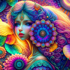 Colorful Psychedelic Artwork of Woman with Mandala Motifs