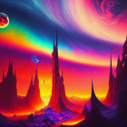 Colorful Psychedelic Landscape with Towering Spires and Distant Planet