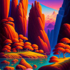 Surreal landscape with vibrant colors, towering rocks, river, and autumn trees