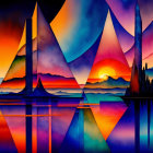 Stylized architecture with pointed towers and swirling skies in vibrant digital art