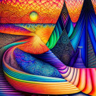 Colorful Psychedelic Landscape with Mountains and Trees