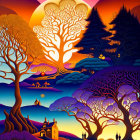 Sunset painting: vibrant colors over mountain landscape and water reflection