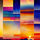 Colorful Stylized Landscape Sunset Collage Art