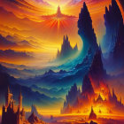 Colorful Watercolor Landscape: Layered Mountains, Three Suns, Silhouetted Trees