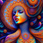 Colorful digital portrait with psychedelic mushroom and floral patterns.