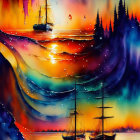 Colorful Psychedelic Landscape with Figure and Celestial Bodies