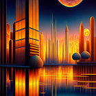 Futuristic cityscape with illuminated high-rise buildings at twilight