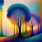 Neon-colored tree-like structures and glowing orbs in a fantastical forest