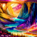 Fantastical landscape with ornate bridges, waterfalls, swans, glowing trees, and golden