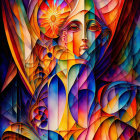 Colorful psychedelic artwork of woman with mandala halo & flowing patterns