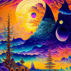 Surreal landscape digital art with swirling skies and vivid colors