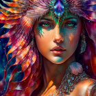 Fantasy portrait of a woman with glowing blue eyes, golden headdress, and orange wings