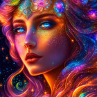 Colorful Peacock Motif Headdress on Mystical Woman in Space-Inspired Illustration