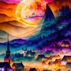 Colorful surreal landscape with Asian architecture and oversized moon