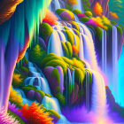 Colorful Fantasy Landscape with Waterfalls, Forests, and Mystical Trees at Night