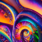 Colorful surreal artwork: cosmic elements with Eastern architecture and swirling galaxies