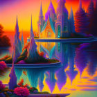 Surreal landscape with conical mountains and colorful structures