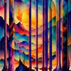 Colorful Psychedelic Forest Scene with Moon, Stars, and Boats