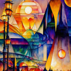 Colorful fantasy art: Ornate ships, tall masts, cosmic sky