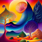 Colorful surreal landscape with stylized trees and celestial bodies