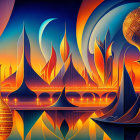 Fantastical digital art: Glowing golden spires on mirrored surface