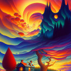 Vibrant digital art: lone tree, cozy cottage, starry sky, swirling galaxy, fiery