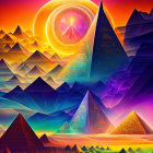 Colorful surreal painting of layered mountains and swirling sun