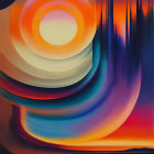 Colorful Abstract Landscape: Swirling Patterns, Setting Sun, Reflective Water, Silhouetted