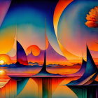 Vibrant surreal landscape with elongated structures and setting sun