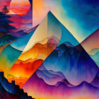 Vibrant geometric shapes in sunset hues: orange, purple, and blue