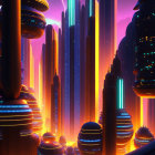 Futuristic cityscape with skyscrapers, full moon, car on elevated highway at twilight