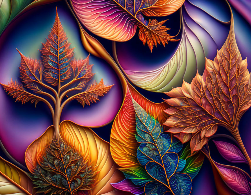 Detailed digital artwork of stylized leaves and trees in warm autumnal hues on a contrasting backdrop