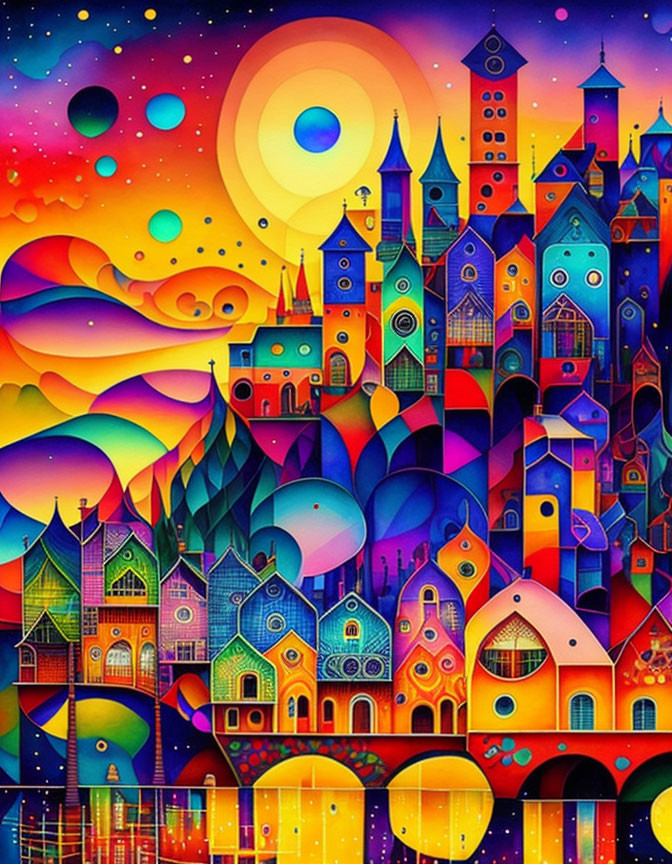 Vibrant psychedelic cityscape with whimsical buildings