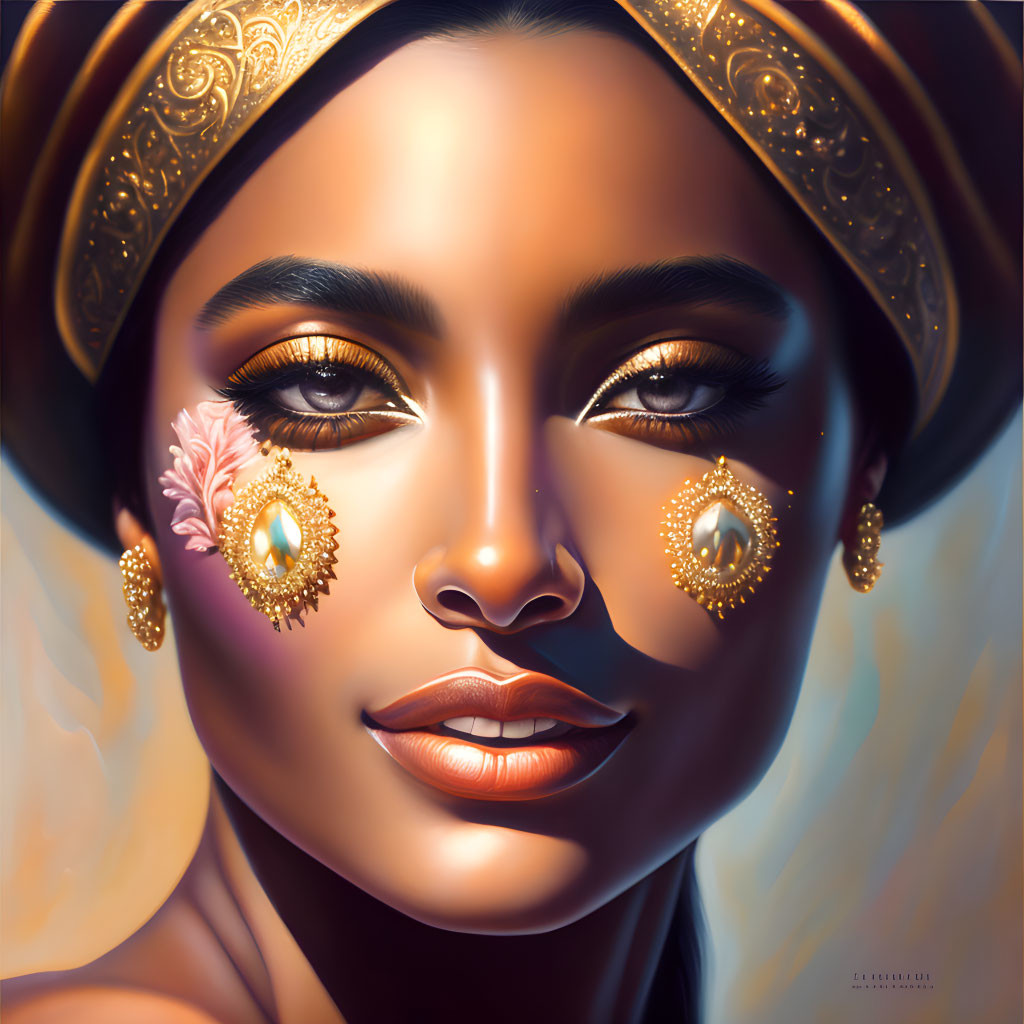 Digital painting of woman with golden headwear and teardrop earrings