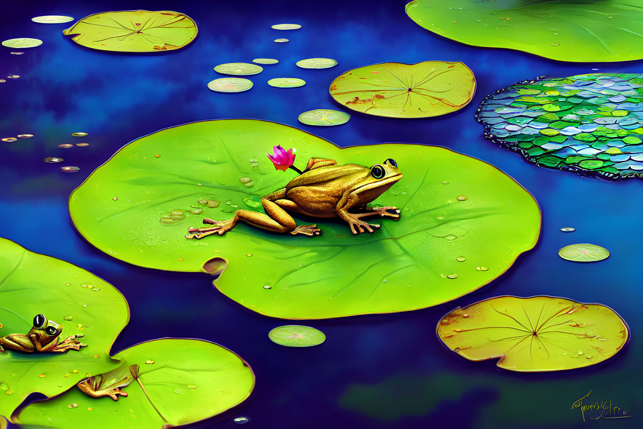 Colorful digital artwork featuring frogs on lily pads in a pond with water droplets and a pink