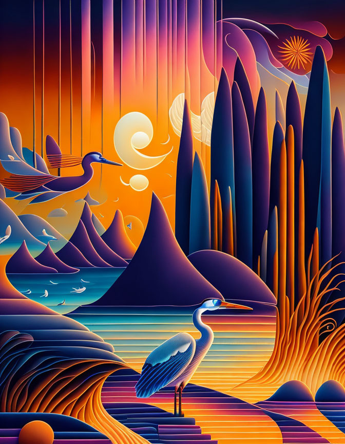 Stylized artwork of herons by water with sun, moon, mountains, and light beams