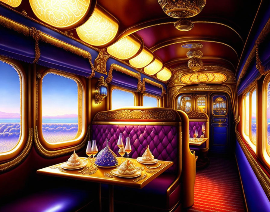 Opulent Purple and Gold Train Interior with Elegant Sunset Sky Backdrop