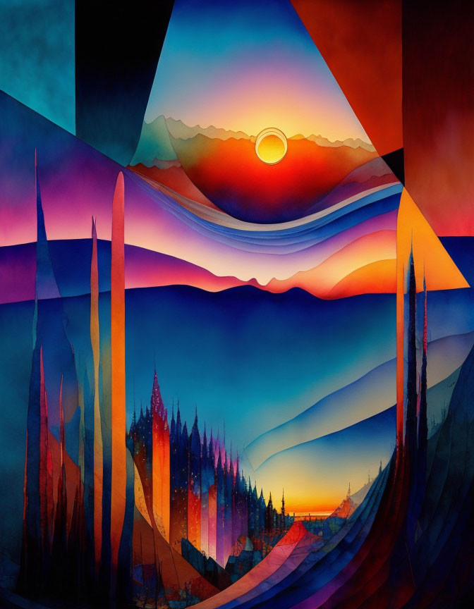 Vibrant abstract landscape with layered mountains and trees under a sunset sky