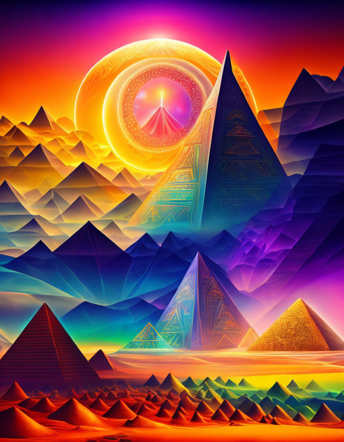 Colorful Stylized Pyramids Beneath Sunset Sky