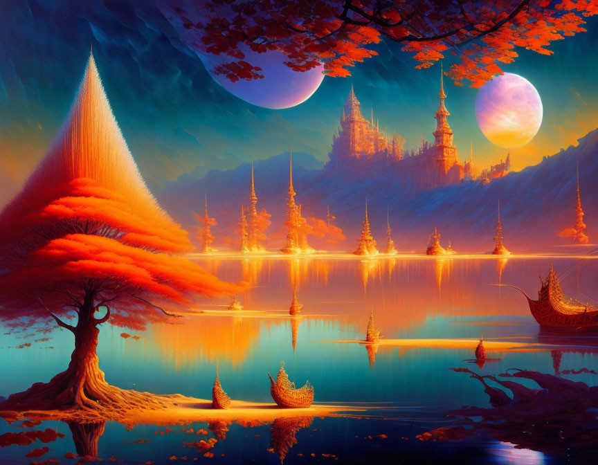 Fantasy landscape with orange tree, reflective lake, two moons, castles, ornate boats,