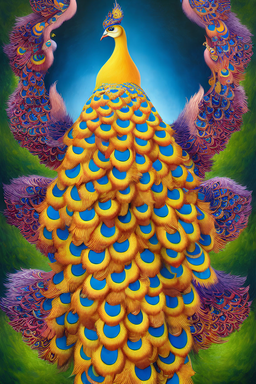 Exaggerated peacock digital artwork with vibrant colors and ornate patterns