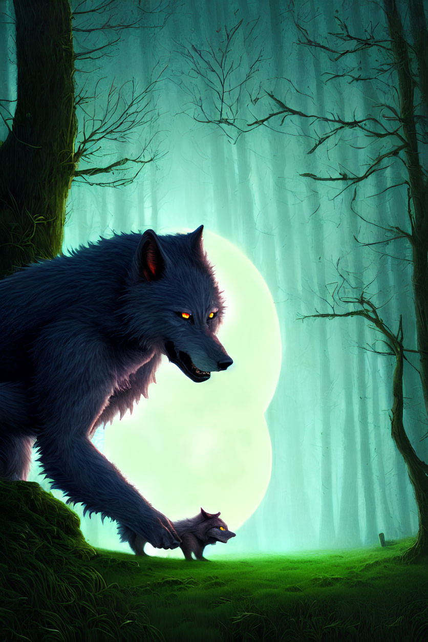 Dark-furred wolf with glowing eyes in misty forest with greenish full moon