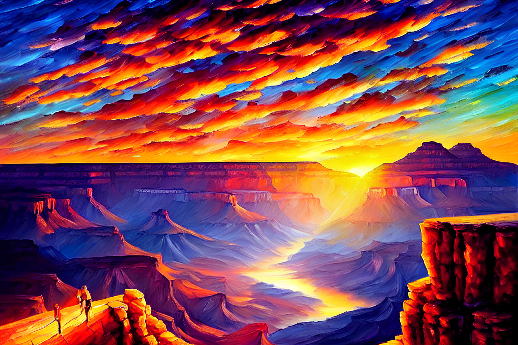 Colorful sunset canyon painting with silhouetted figures and river reflection.