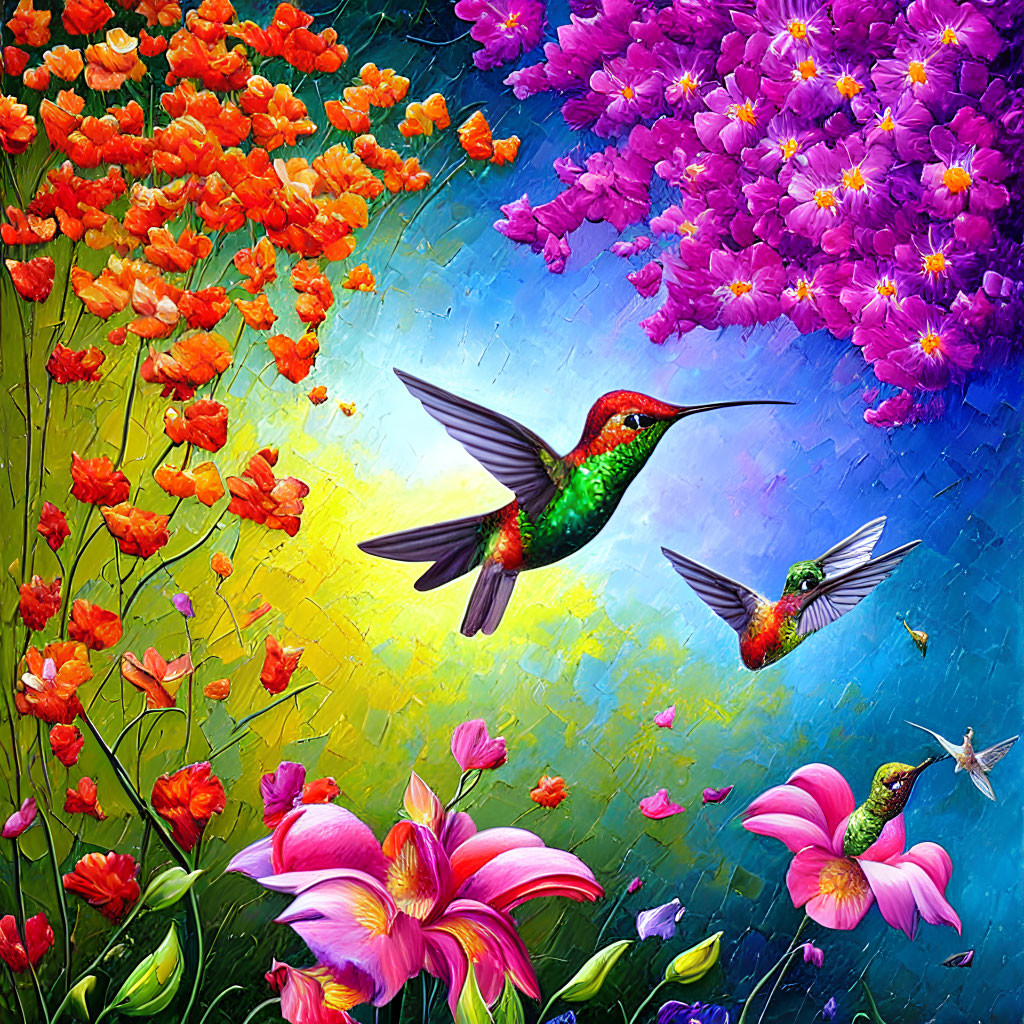 Colorful Hummingbirds and Flowers in Radiant Digital Art